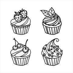 Cute Cupcake Icon Set – Black & White Dessert Illustrations