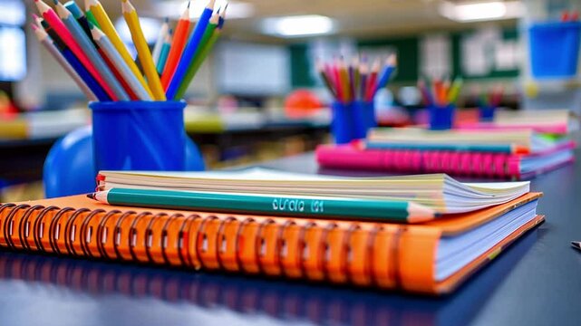 This Pencils, notebooks, and colorful supplies are neatly placed on school desks.