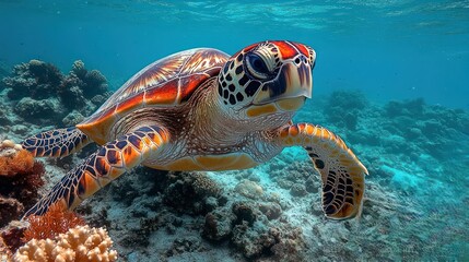 Fototapeta premium Vibrant Hawksbill sea turtle swimming in a coral reef.