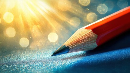 A close-up shot reveals a red pencil poised on textured blue paper with a radiant sunburst background.