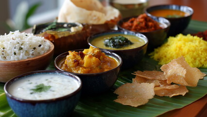 A traditional Indian meal served on a banana leaf, featuring a variety of flavorful dishes such as rice, curry, chutneys, and crisp papadam, arranged neatly for a vibrant and aromatic experience.