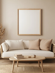 modern interior design mockup background with a blank poster frame, sofa and coffee table in light beige tones, minimalist style, natural lighting, high resolution photography
