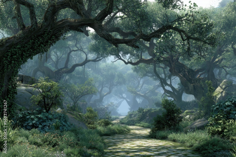 Poster enchanted forest path with lush foliage and mystical fog creating a serene and magical atmosphere wi