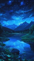 Enchanting night landscape with majestic mountains reflecting in serene river under starry sky and glowing clouds creating a tranquil and dreamy atmosphere