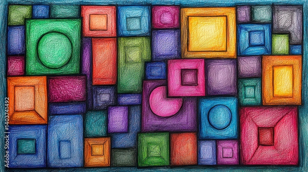 Aufkleber abstract geometric colorful composition: a vibrant symphony of shapes and colors, meticulously rende