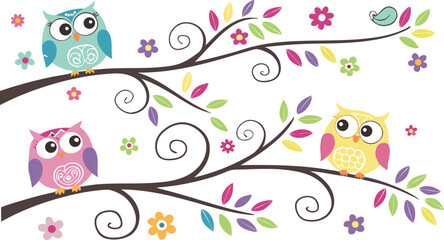 Cute Cartoon Owls on Tree Branches – Colorful Vector Illustration Set