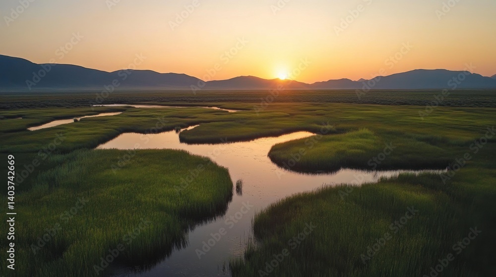 Poster serene sunrise over vast marshland with winding streams reflecting golden light and distant mountain