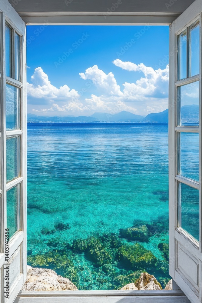 Poster serene turquoise sea view through rustic window on sunny day with white clouds and distant mountains