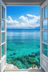 Serene turquoise sea view through rustic window on sunny day with white clouds and distant mountains creating a peaceful summer travel scene © EchoFrame