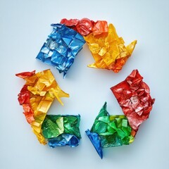 A recycling symbol made of multicolored plastic on a light background