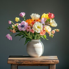 Vibrant spring flowers arrangement in a minimalist vase on a wooden table