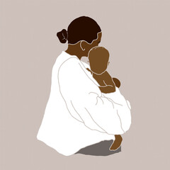 Freehand minimalist flat-style abstract illustration depicting a mother breastfeeding her child in soft beige pastel tones. Breast hand drawn. Mothers day card.