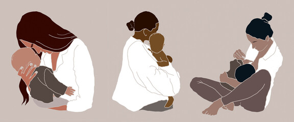 Freehand set minimalist flat-style abstract illustrations depicting a mother breastfeeding her child in soft beige pastel tones. Breast hand drawn. Mothers day card, banner.