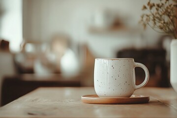 Light minimalist kitchen with a mug on the table and a neutral blurred background