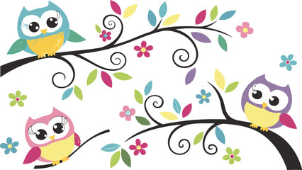Obraz premium Cute Cartoon Owls on Tree Branches – Colorful Vector Illustration Set