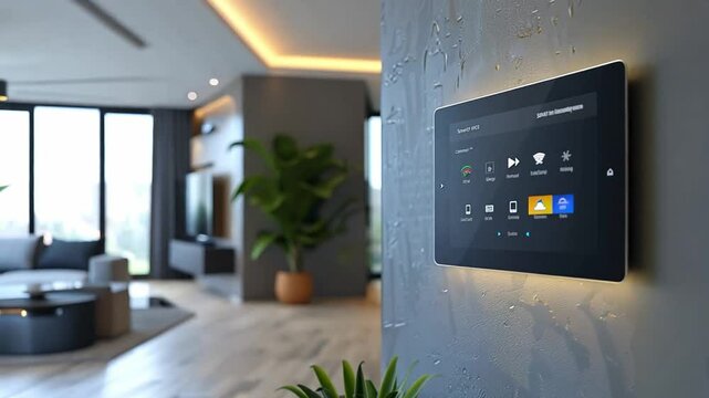 A sleek smart home control panel is mounted on a textured wall in a contemporary living room filled with plants and large windows, showcasing bright daylight.