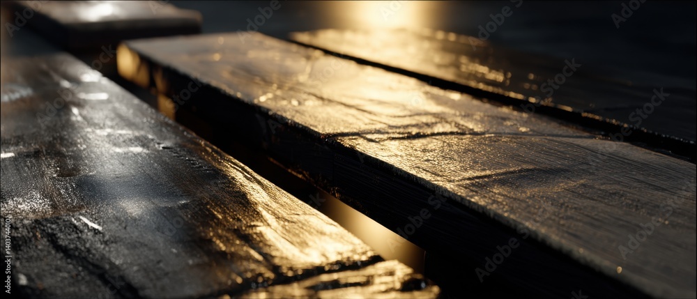 Poster golden hour illumination on rustic wooden planks creating a warm and inviting texture for background