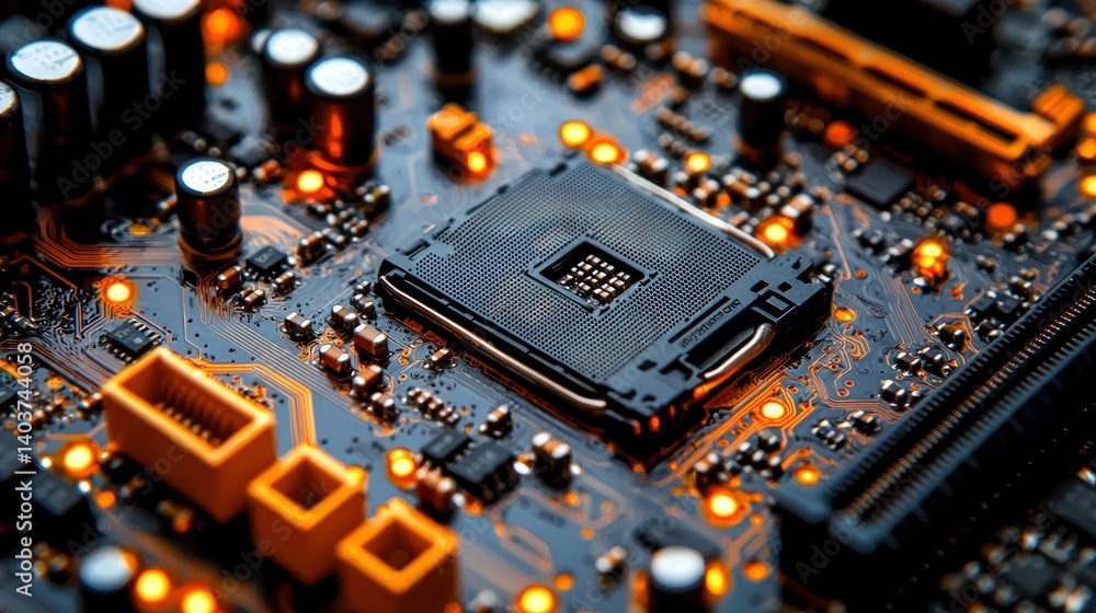 Poster close-up of a computer motherboard with cpu socket