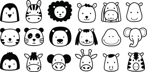 Cute doodle animal face line art.
Set with doodle face animals isolated on white background cute nursery collection illustration vector