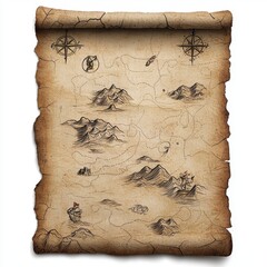 Aged Parchment Treasure Map Scroll with Island and Mountain Illustration
