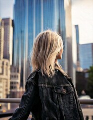 Fotografía de estilo callejero de una mujer con estilo grunge en las calles de Manhattan en 1990, parada frente a un edificio alto y plateado, rubia, corte bob de los 90,