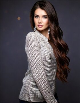 Hermosa chica en pose din&aacute;mica, cabello oscuro y liso con peine lateral, maquillaje lujoso, prendas de punto lujosas, diamantes lujosos.