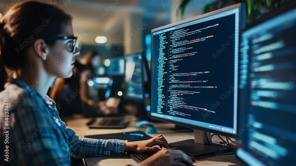 Poster focused programmer coding late at night