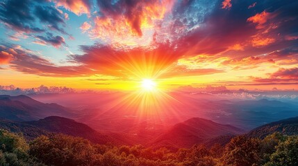 Majestic Sunset over Mountain Ranges: A breathtaking panorama of fiery colors painting the sky above rolling hills and lush forests, capturing the serene beauty of nature at its finest.