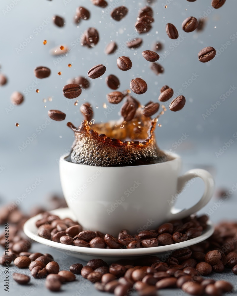 Poster coffee beans falling into a cup of coffee creating a splash with a grey background and a high angle 