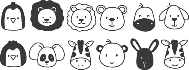 Cute doodle animal face line art.
Set with doodle face animals isolated on white background cute nursery collection illustration vector