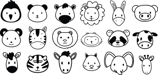 Cute doodle animal face line art.
Set with doodle face animals isolated on white background cute nursery collection illustration vector