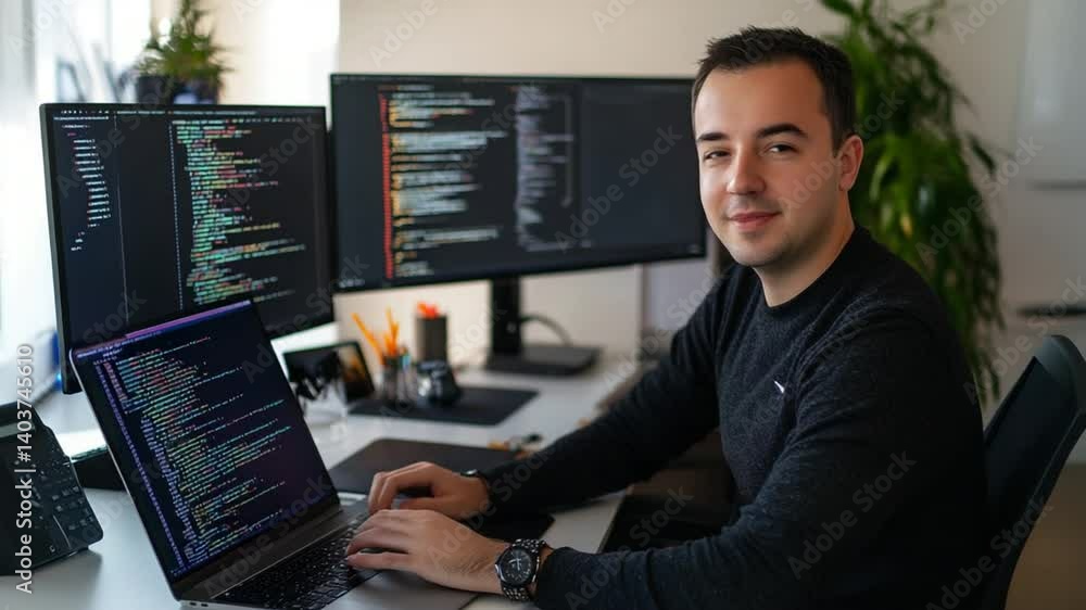 Poster confident programmer at work: coding, technology and innovation