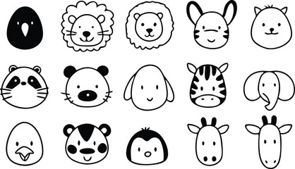 Cute doodle animal face line art.
Set with doodle face animals isolated on white background cute nursery collection illustration vector