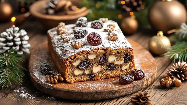 Delicious homemade fruitcake decorated with nuts and dried fruits on a wooden platter during the festive season