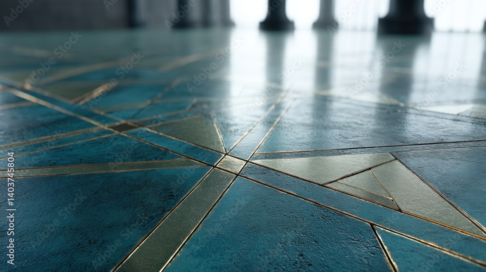 Poster elegant teal floor tiles with gold inlay in a bright hall with pillars creating a modern geometric p