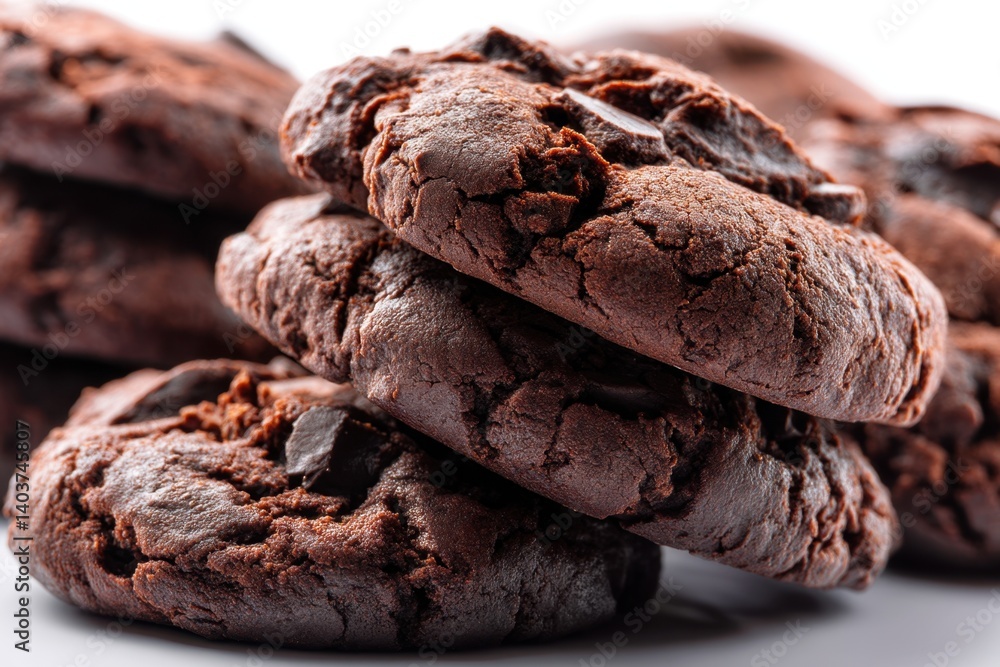 Poster delicious stack of homemade chocolate cookies on white background in studio shot with shallow depth 