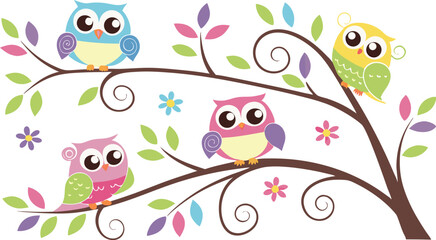 Cute Cartoon Owls on Tree Branches – Colorful Vector Illustration Set