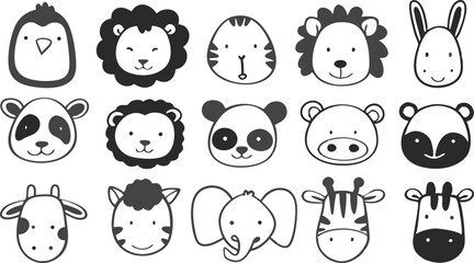 Cute doodle animal face line art.
Set with doodle face animals isolated on white background cute nursery collection illustration vector