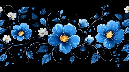 Ornate floral border. Blue and white flowers with swirling vines on black backdrop