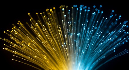 Glowing Fiber Optic Strands Bursting Yellow and Blue Light