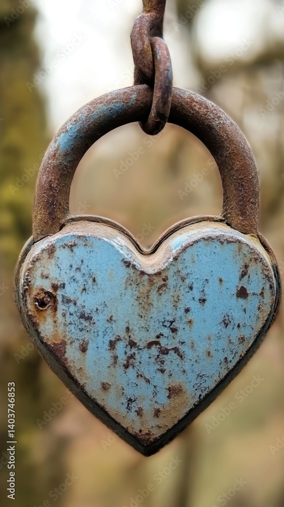 Poster heart shaped padlock hanging on chain symbolizing love and security in a rustic outdoor setting capt