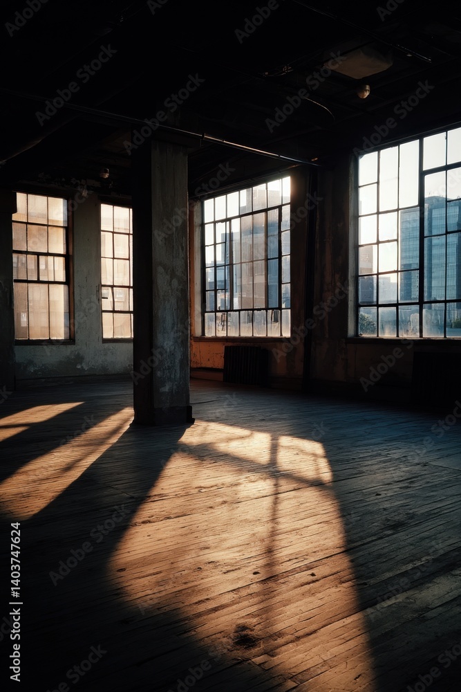 Poster sunlight streams through windows illuminating empty industrial loft with wooden floor and concrete p