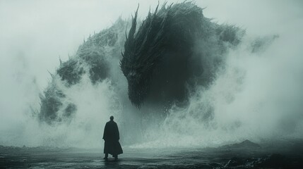 The Dragon's Awakening: A lone figure confronts a colossal, water-wreathed dragon in a misty, desolate landscape.
