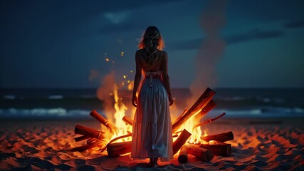 Woman enjoying a bonfire on the beach at night  