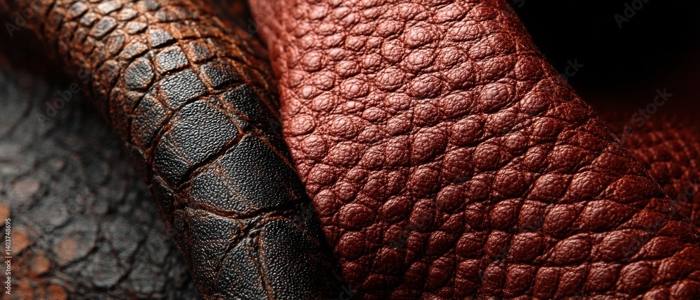 Poster embossed leather texture in deep brown and reddish hues, close up shot of luxury material with intri