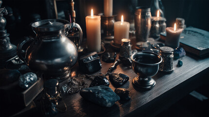 Mystical artifacts and candles creating an enchanting atmosphere  