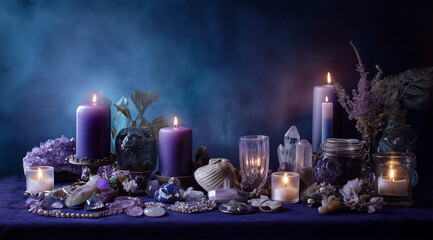 Mystical Candle Display with Crystals and Flowers on a Dark Background  