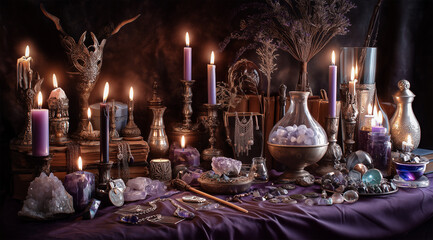 Enchanted Mystic Veil with Candles and Crystals on Dark Background  