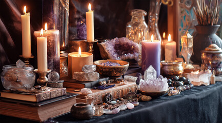 Mystical altar with crystals, candles, and books in warm ambiance  