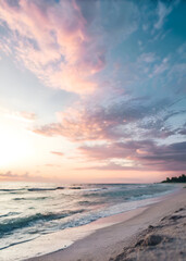 Fototapeta premium Serene Coastal Scene Sandy Shore Gentle Waves and Pastel Sky.